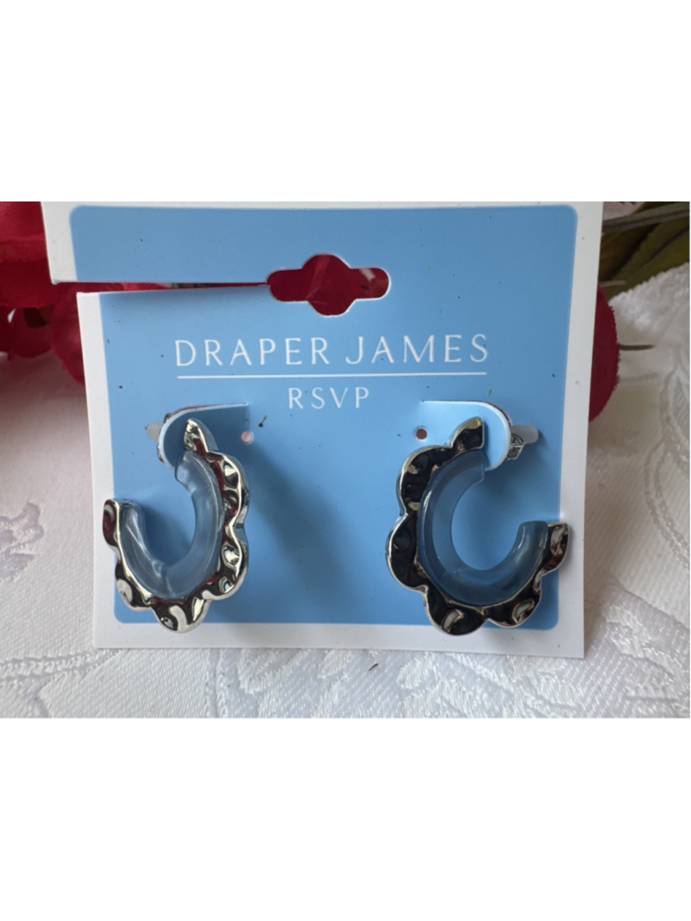 Draper James Dainty Scalloped Edge Hoop Dangle 1" Earrings Blue SilverTone NEW
